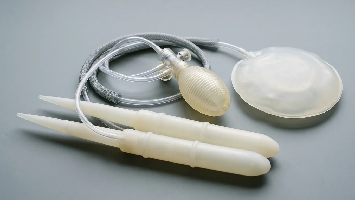 Three-piece inflatable penile prosthesis: two cylinders with tapered rear tips, reinforced tubing, ribbed scrotal pump and flat fluid reservoir